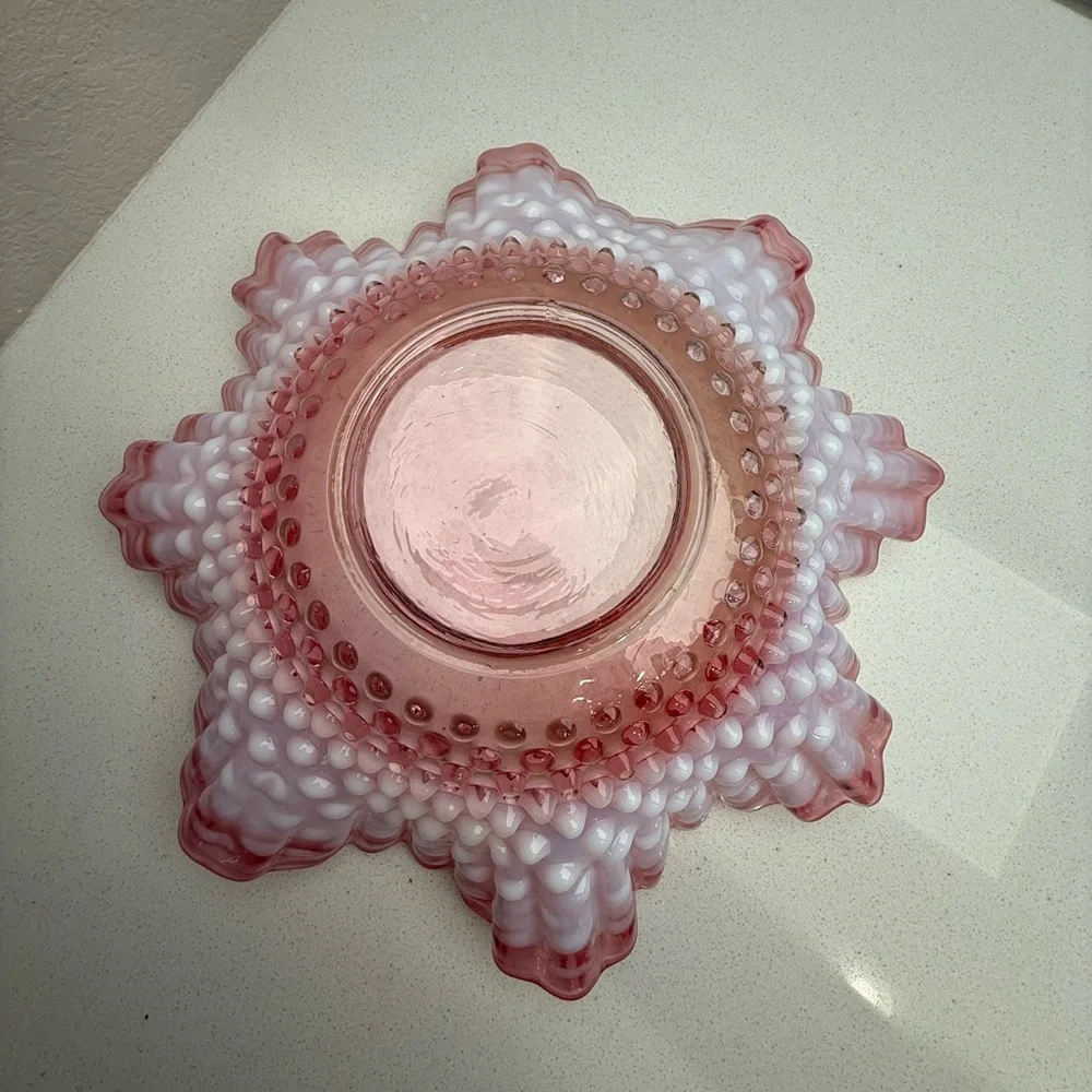 Vintage Bride's Basket Fenton Pink Hobnail Ruffled Bowl with Metal Holder